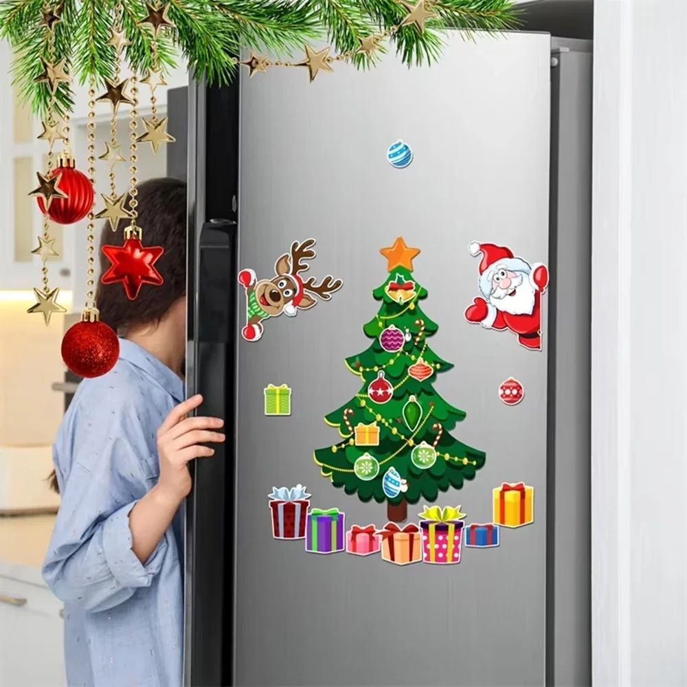 Magnetic Christmas Tree Fridge Decor Set – Christmas Fridge Magnets with Santa & Reindeer for Refrigerator, Metal Door