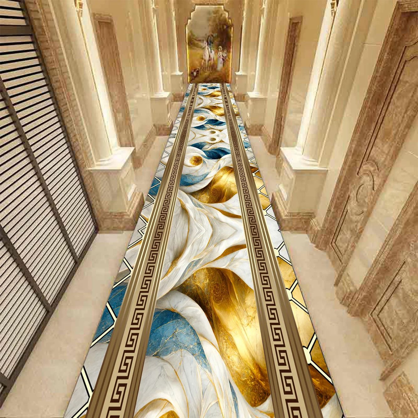 Golden Marble Runner Rug – Luxury Non-Slip Hallway & Stair Carpet