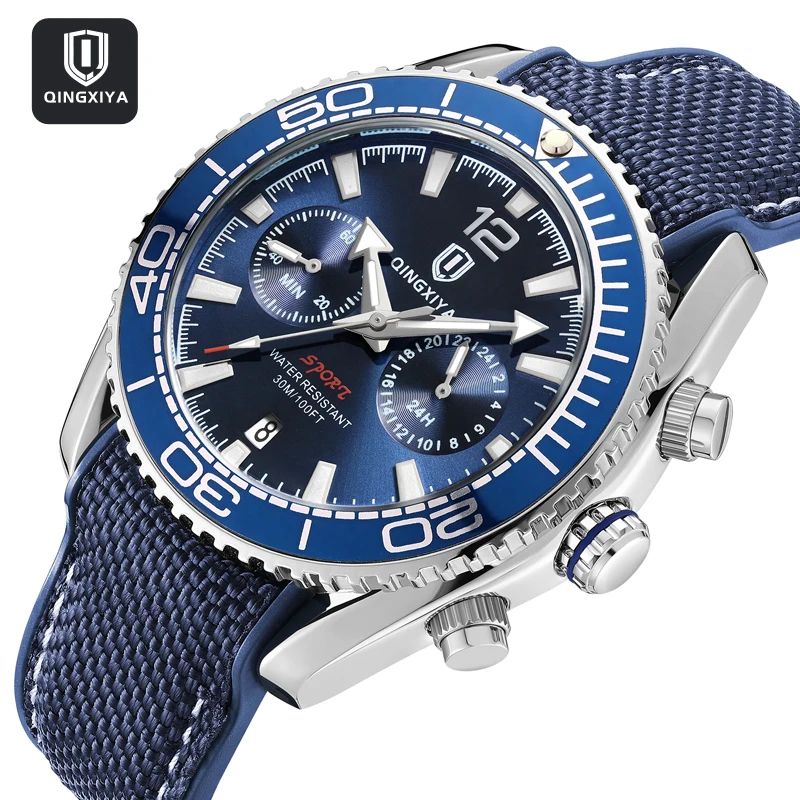QINGXIYA Luxury Multifunction Chronograph Men's Quartz Watch with Rotatable Bezel