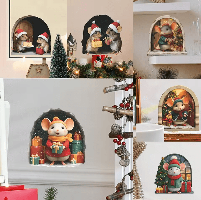 Cute Christmas Mouse Wall Stickers for Festive Home Decor