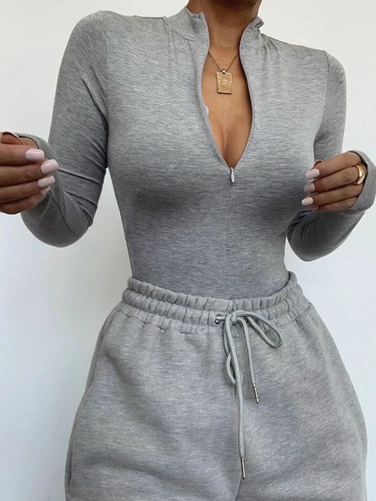 Womens Mock Neck Bodycon Bodysuit | Premium Autumn/Winter Long Sleeve Slim Zipper Outwear System