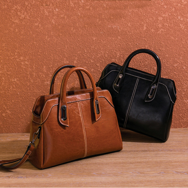Genuine Leather Women's Handbag, Top Handle, Shoulder, Crossbody Bag, Fashion Oil Wax Cowhide Messenger Tote