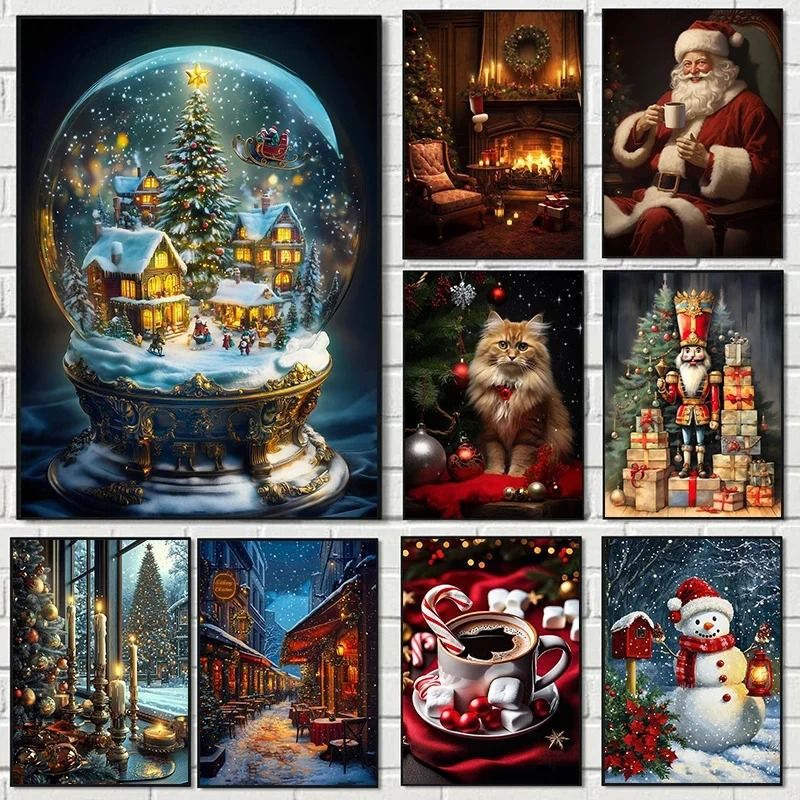 Classic Christmas Canvas Wall Art Santa Claus and Tree Holiday Decor