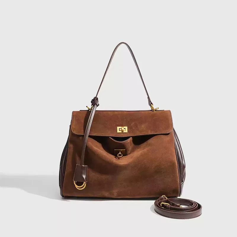 Luxury Suede Leather Messenger Bag with Gold Buckle, Soft Genuine Leather Shoulder Tote