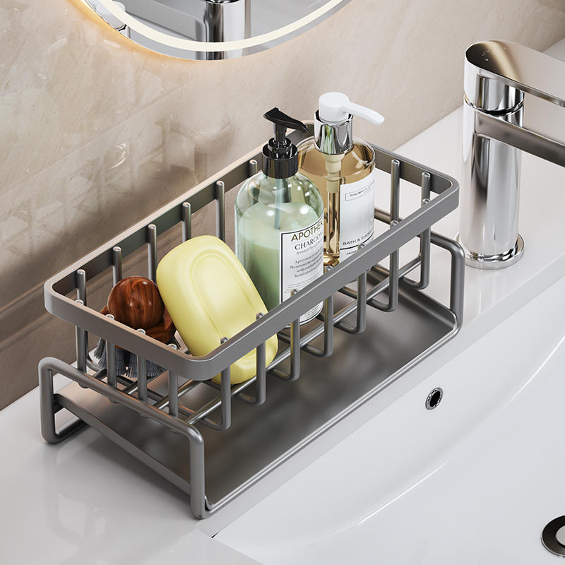 Stainless Steel Sink Organizer Rack with Sponge Holder and Dishcloth Drain Storage