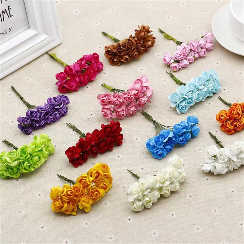 Artificial Mini Paper Rose Bouquet for Scrapbooking, Wedding Party Decoration, Cheap Artificial Rose Flowers for Crafts