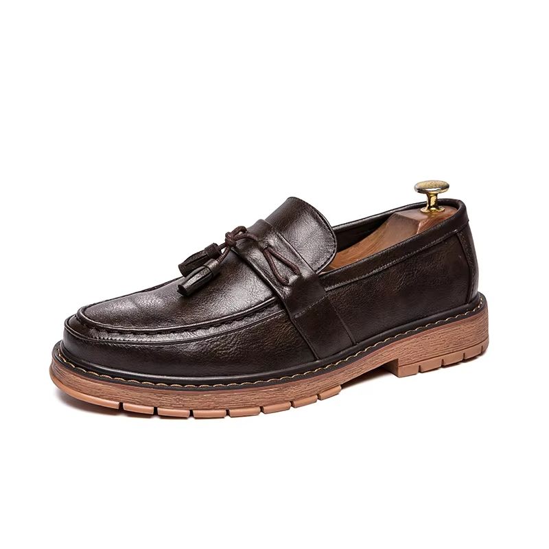 Men's Slip On Leather Loafers Retro Casual Shoes Thick Sole Round Toe Handmade Fringe Design