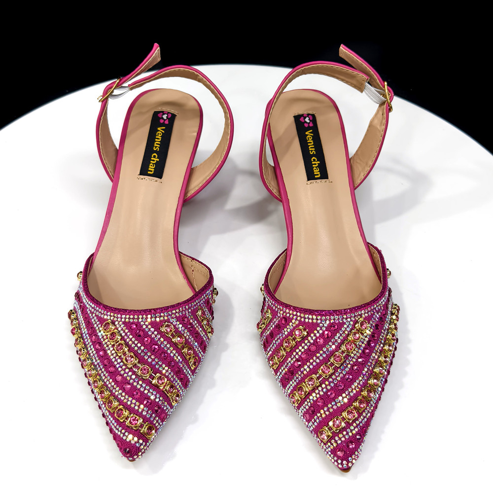 Rhinestone Decoration Fuchsia Color Shoes and Bag Set, Shiny Italian Fashion Pointed Toe Women Heel for Chic Elegance