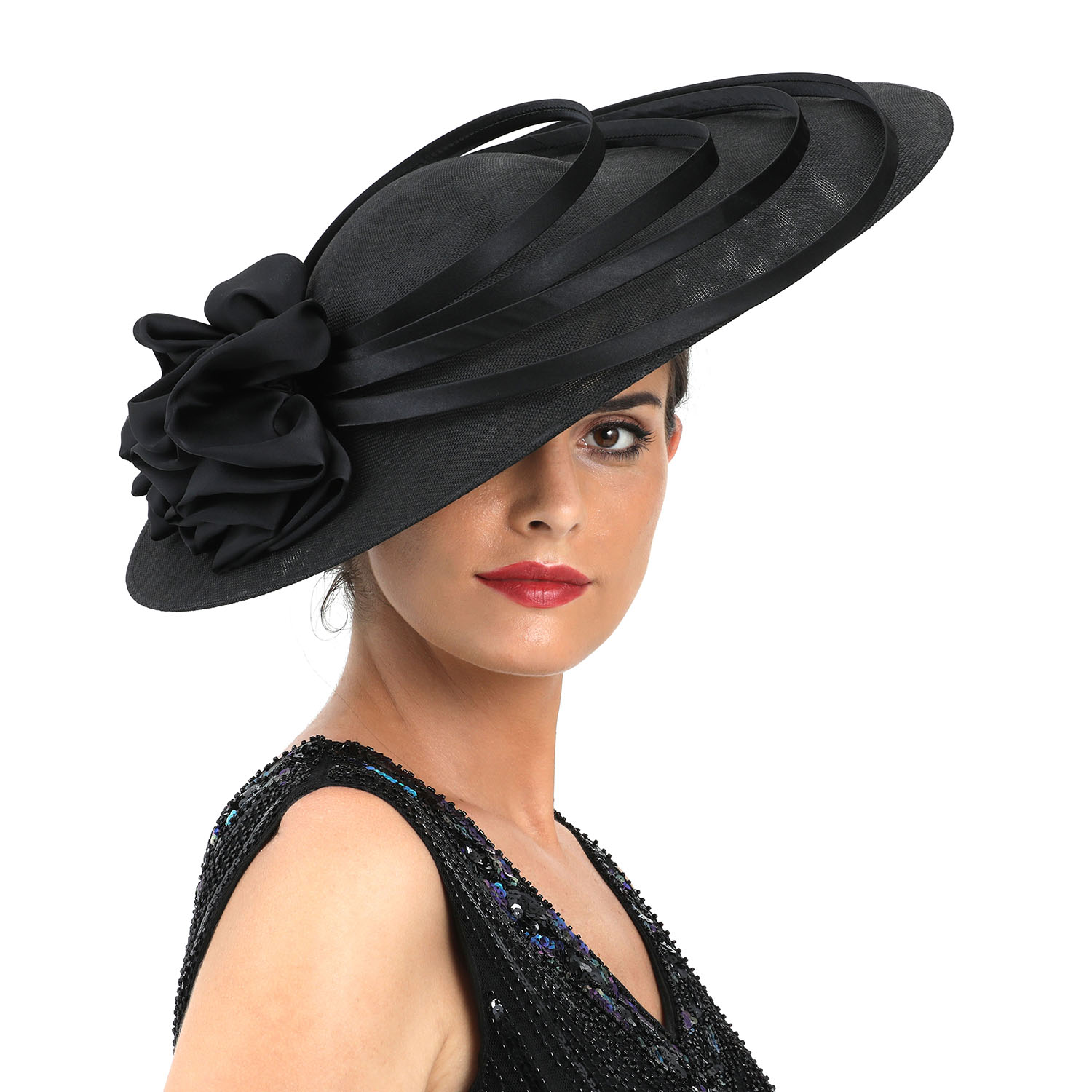 Kentucky Derby Hat Wedding Luxury, Black Large Flower Fascinator Sinamay Church Hat, Headband Hat Cocktail Tea Party