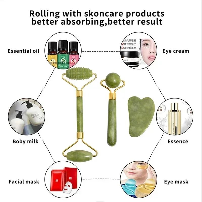 Natural Jade Facial Roller and Gua Sha Body Massager Set