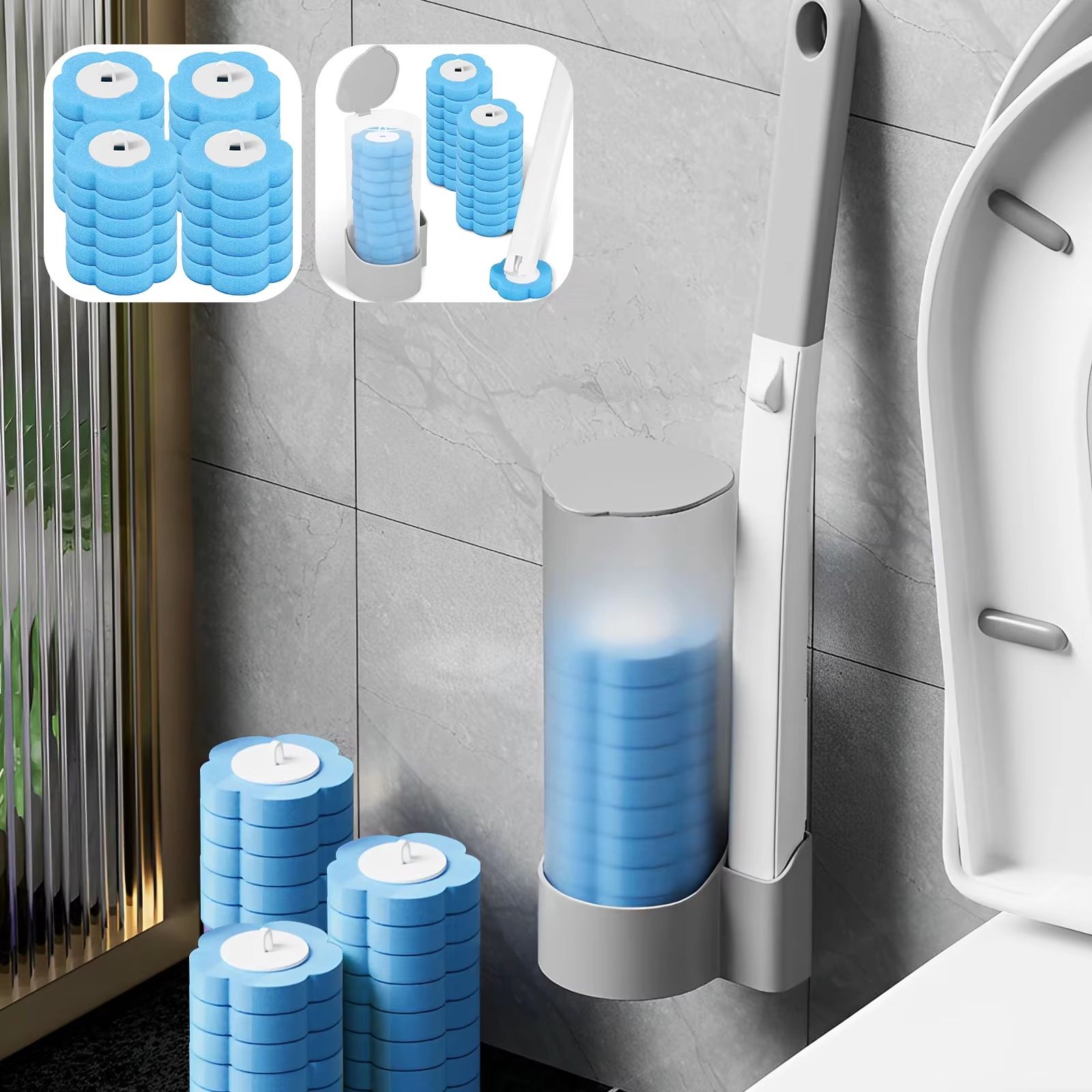 Wall-Mounted Disposable Toilet Brush Set with Long Handle and Replaceable Heads (18 or 36 Pieces)