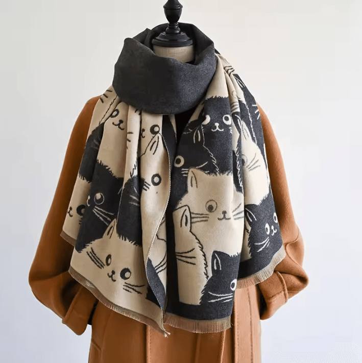 Cute Cat Jacquard Cashmere Pashmina Scarf – Thick Winter Warmth Shawl & Coldproof Blanket