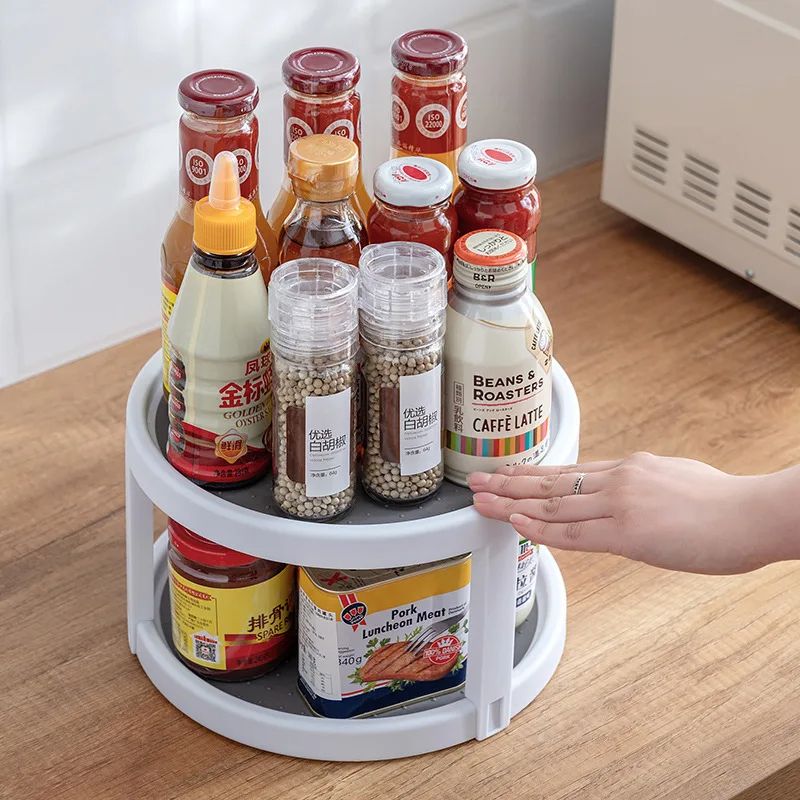 Rotatable Anti-Sliding Kitchen Condiment Storage Rack, Spice Organizer & Multi-Functional Home Storage Tray
