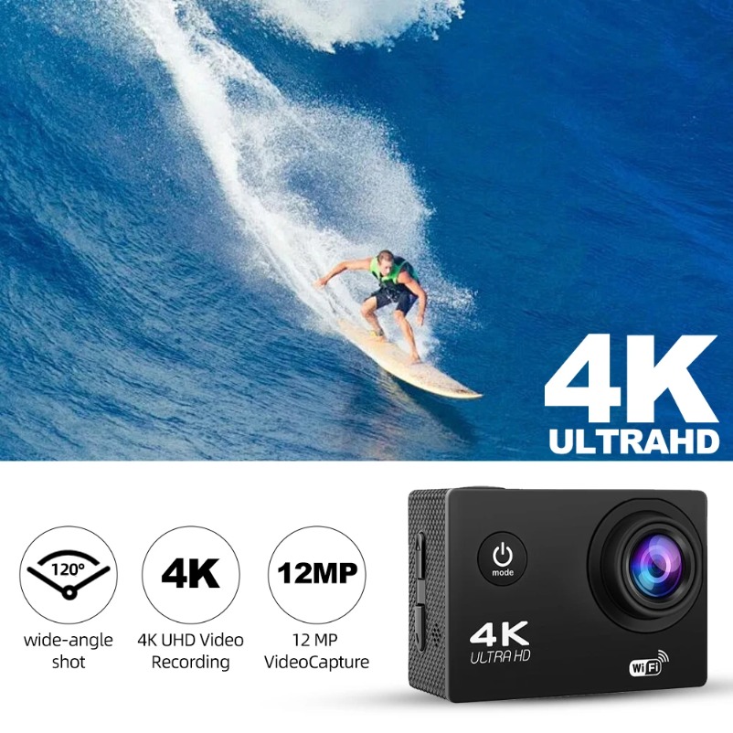 Underwater Waterproof 4K Action Camera, 1080P/30FPS, Mini Sports Camera with WiFi, Helmet Recording
