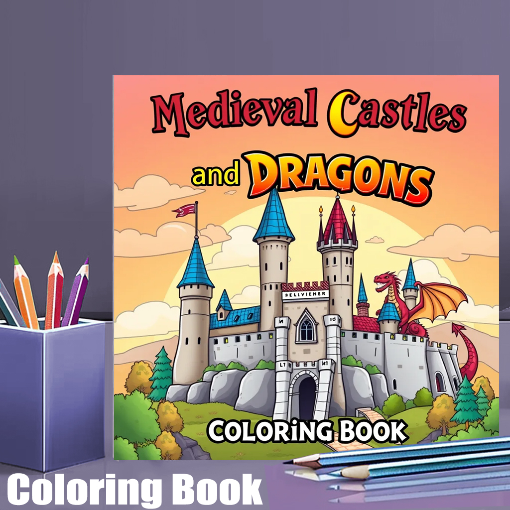 Medieval Castles and Dragons Coloring Book for Adults, Fantasy Art Therapy, Christmas Gift Idea