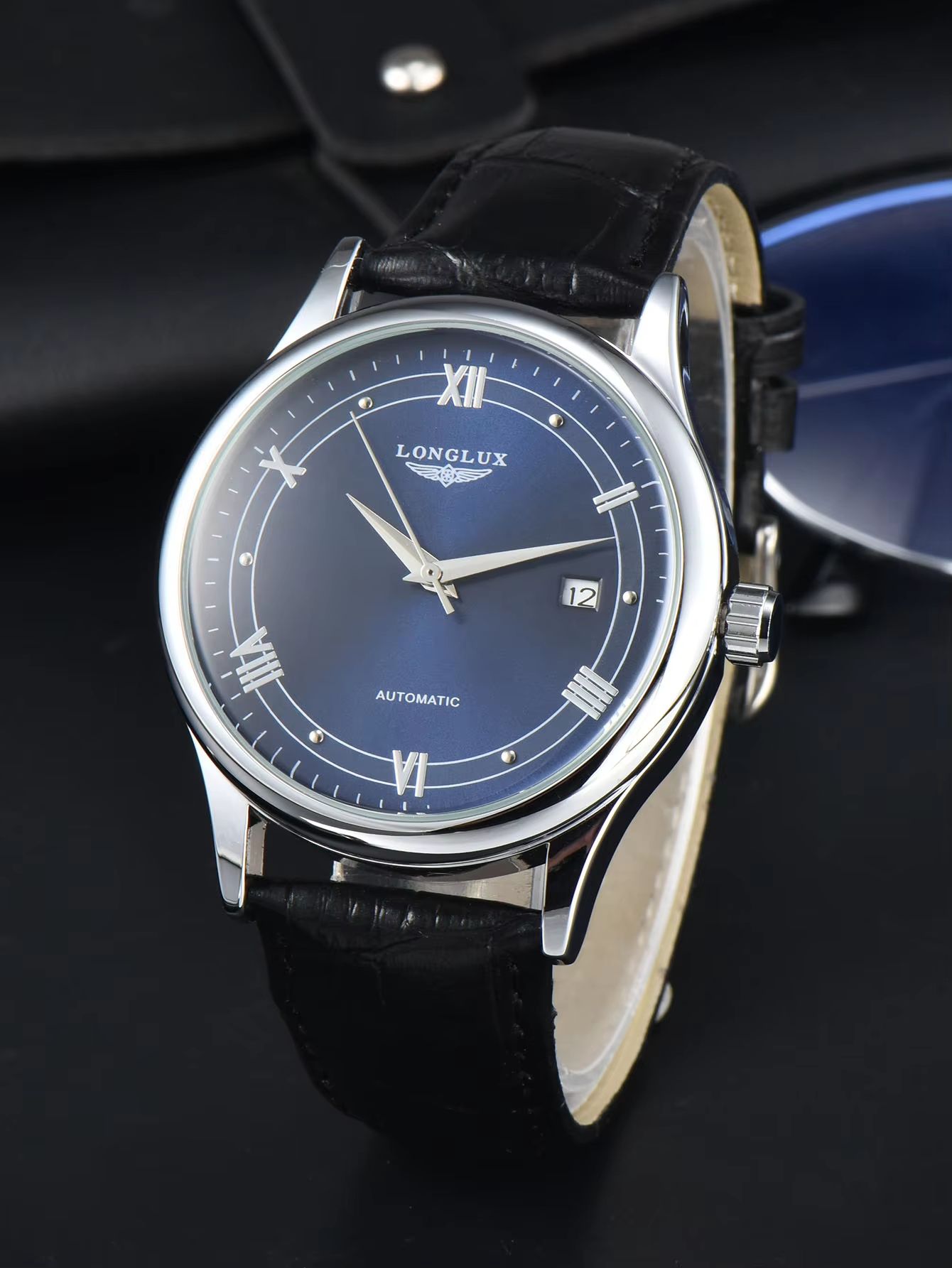 LONGLUX Automatic Mechanical Men's Watch Classic Leather Strap Watch with Date Display