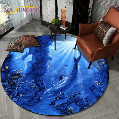 3D Ocean Dolphin Area Rug – Non-Slip Underwater Illusion Round Carpet