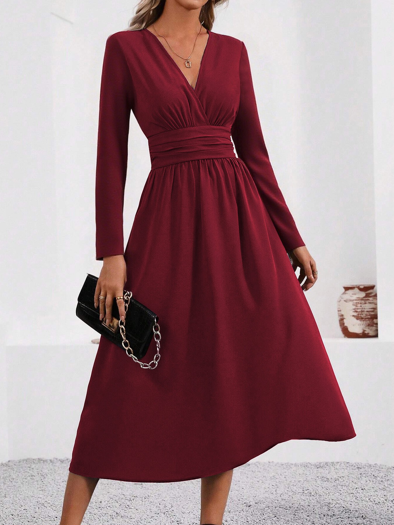 Waist Shirring Bodycon Long Maxi Dress with Fall Winter Overlap V-Neck Design