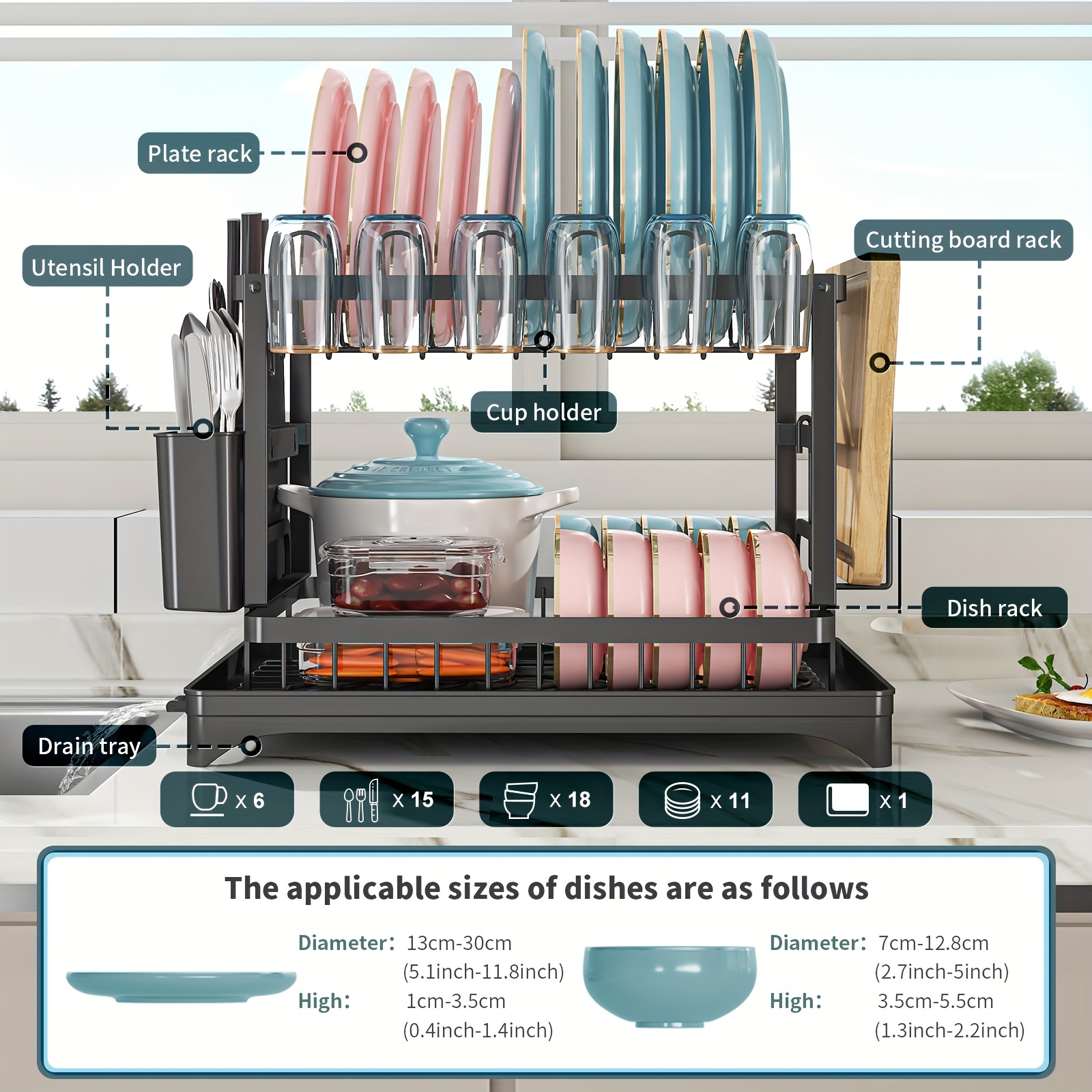 Dish Drying Rack for Kitchen Counter, Stainless Steel Dish Drainer with Drainboard for Dishes & Cups