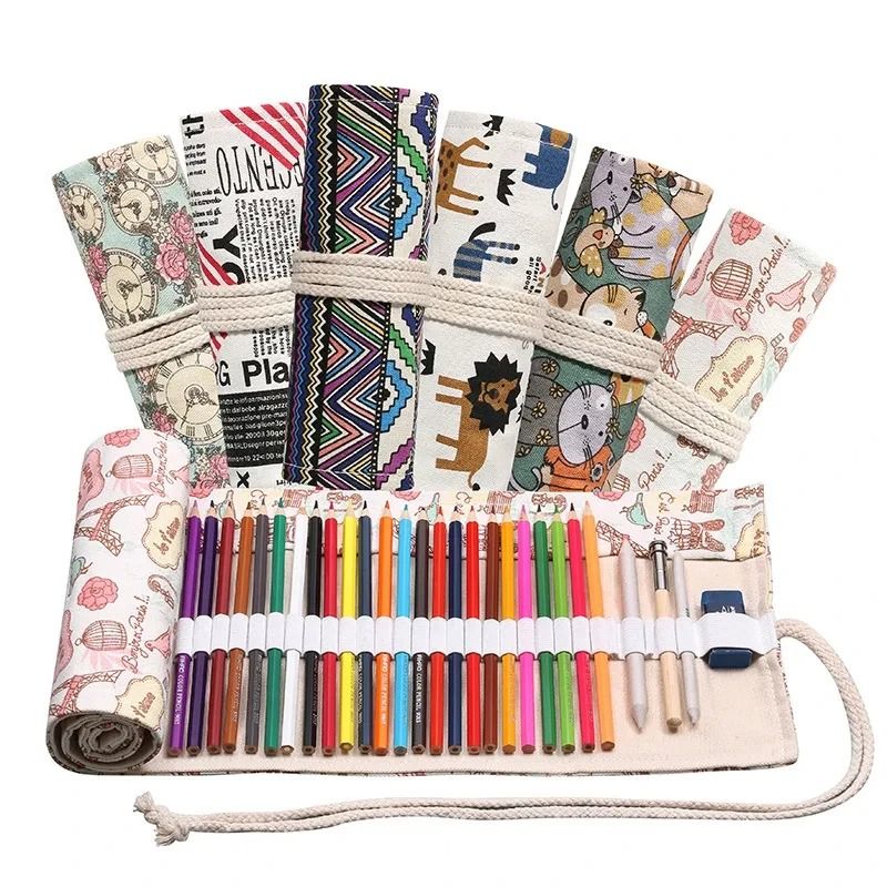 Canvas Roll Up Pencil Case 12 Slot Organizer for School and Art Supplies