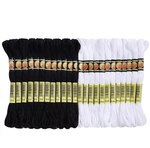 Cross Stitch Embroidery Thread Set – 24 Skeins Black & White Floss for DIY Sewing Crafts