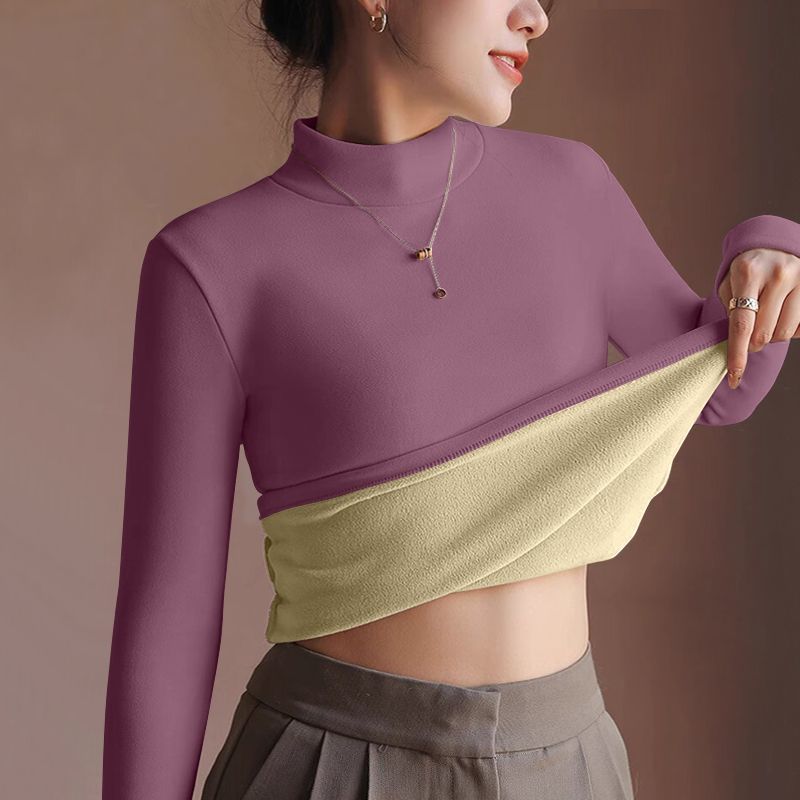 Thickened Velvet Lining Women's Sweater Autumn Winter Thermal Long-sleeved Bottoming Shirt
