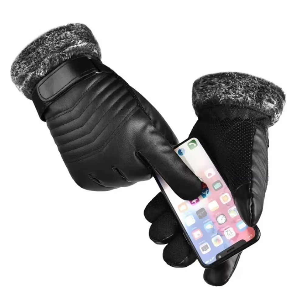 Mens Plush Insulated PU Leather Touchscreen Winter Cycling Gloves