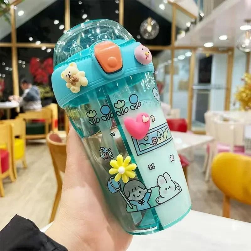 Kids Water Bottle with Double Straw Leak Proof Cute Plastic Bottle 430ml