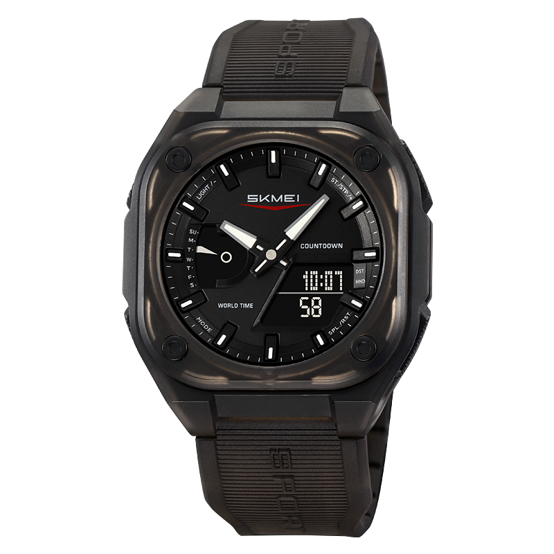 Men Dual Time Electronic Watch, 5 Alarm, Countdown Timer, Waterproof with Date, Week, Daylight Saving