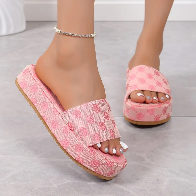 Summer Women Shoes, Floral Platform Slippers for Ladies, Designer Flat Beach Sandals, Outdoor Casual Slip-On Shoes