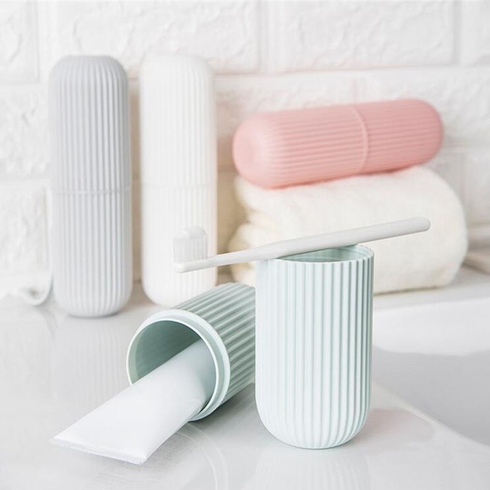 Portable Toothbrush Storage Case with Vertical Stripe Mouthwash Cup