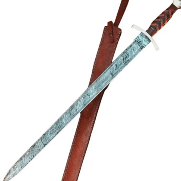 39 Inches Damascus Steel Viking Sword with Leather Sheath