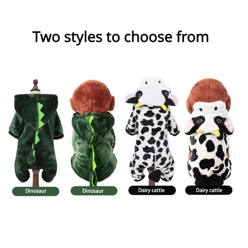 Cozy Coral Velvet Pet Outfit with Dinosaur or Cow Style for Autumn and Winter Warmth