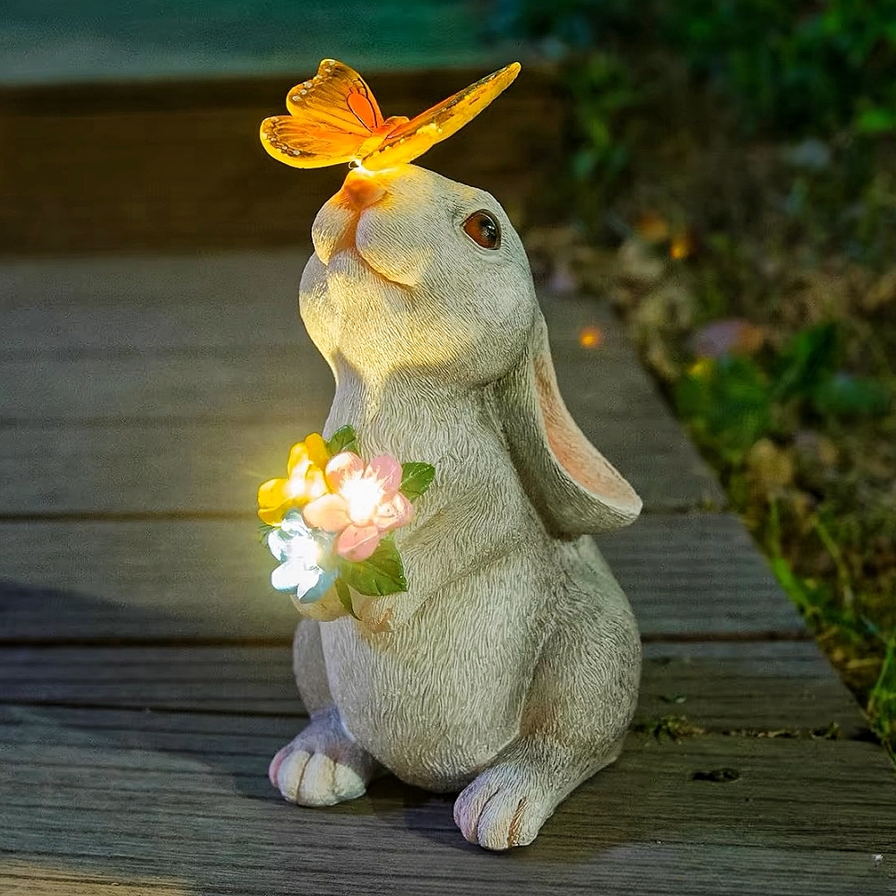 Resin Solar Bunny Statue Garden Decor with LED Butterfly Light, Outdoor Animal Figurine Sculpture for Courtyard, Lawn