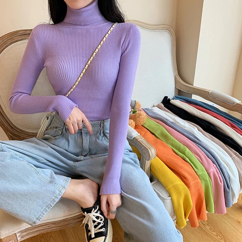 Autumn Winter Women's Ribbed Turtleneck Knit Sweater – Slim Fit Soft Warm Pullover