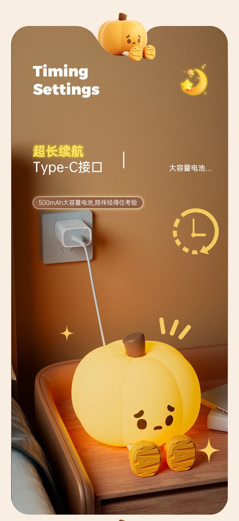 Cute Pumpkin Halloween Night Light – Rechargeable LED Lamp with Press Switch