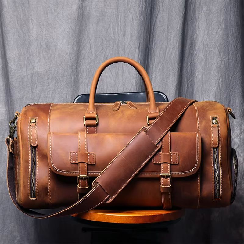 MUNUKI Vintage Crazy Horse Genuine Leather Travel Duffle Bag for Men