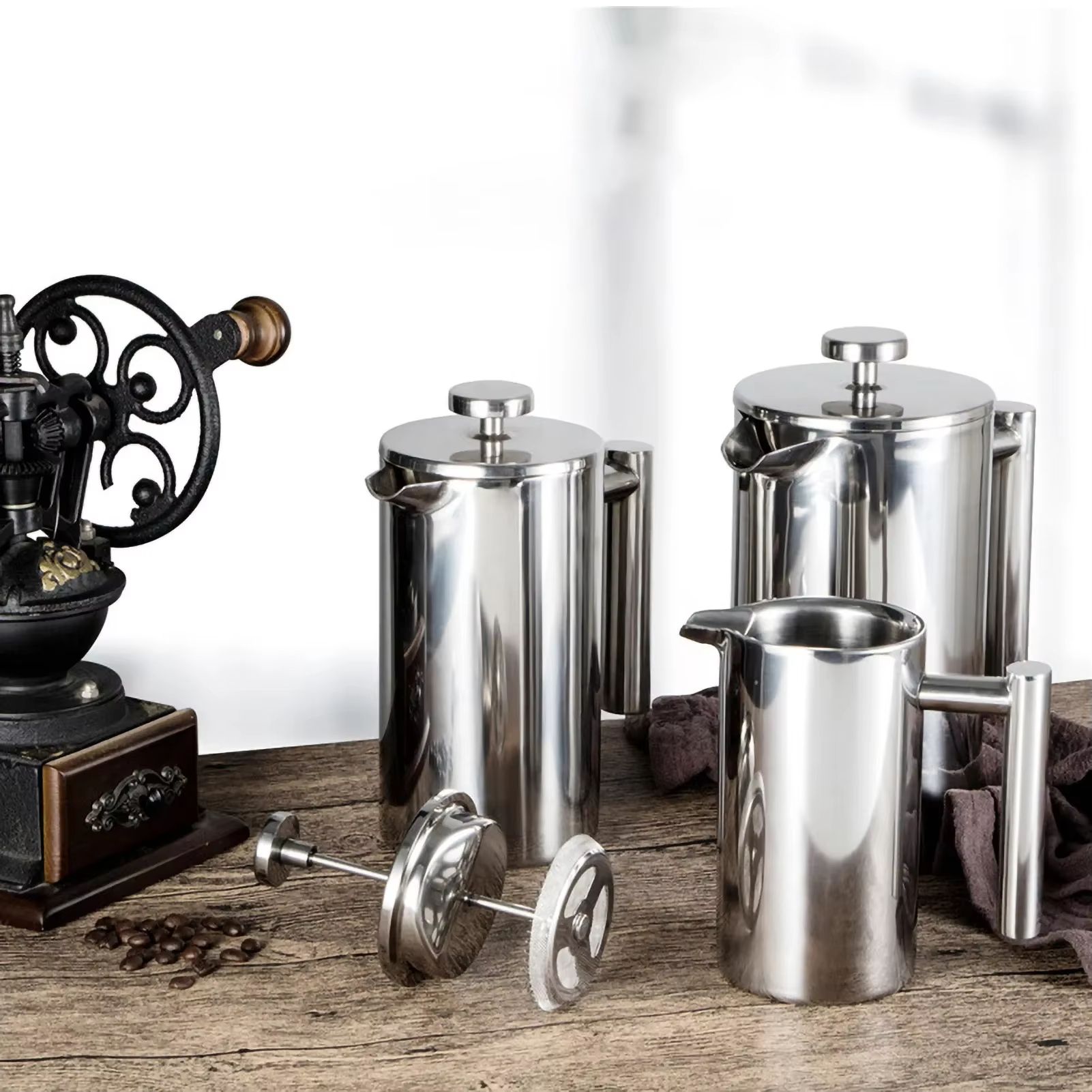 Stainless Steel French Press Coffee Maker – Double Wall Insulated Coffee Pot (11.83fl oz / 27.05fl oz / 33.81fl oz)