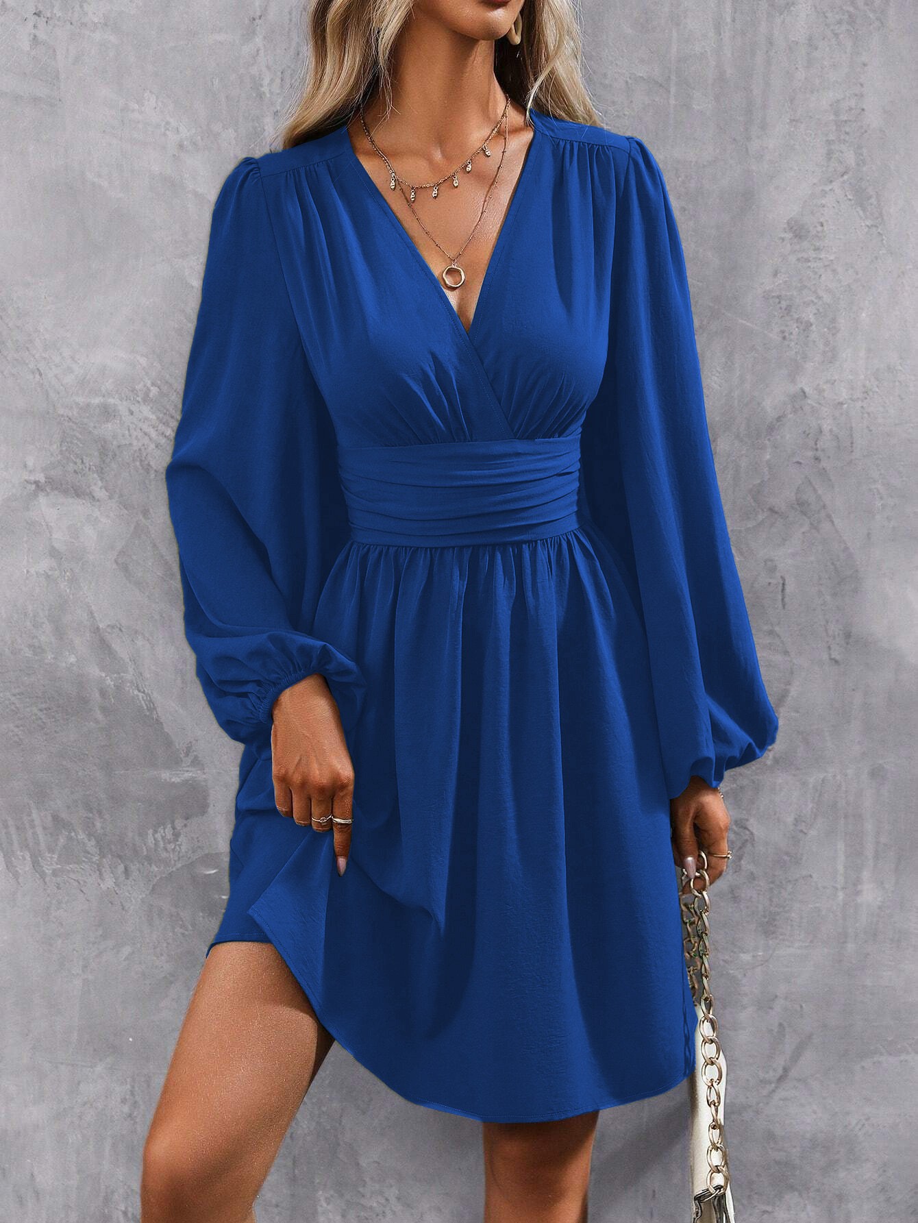 Women Winter Neck Lantern Sleeve Dress, Knit Dress with Waist Shirring, Bodycon Maxi