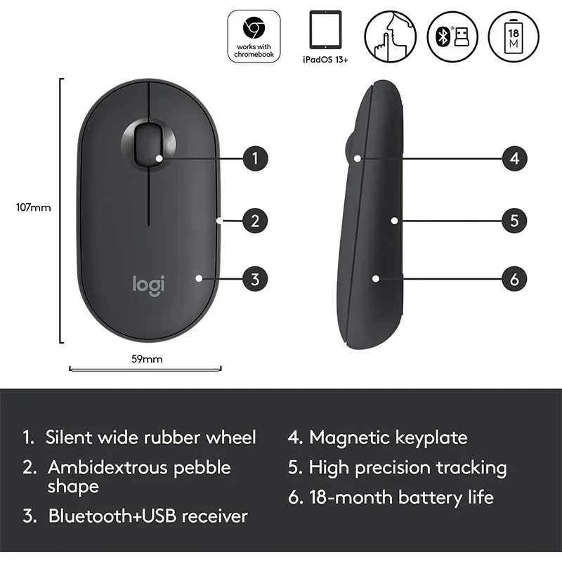 Wireless Bluetooth Mouse, Logitech Pebble M350 Laptop Tablet Mouse, Light and Thin Mute Office Mini Mous