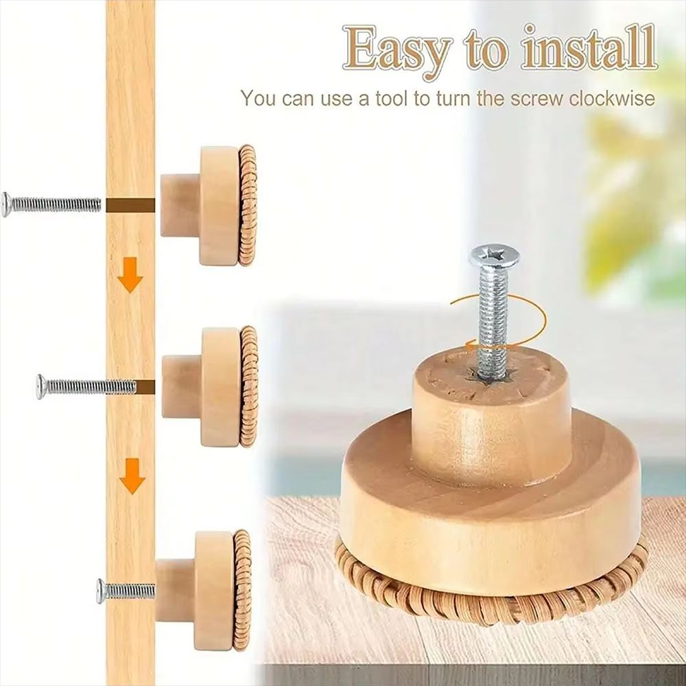 12-Pack Bohemian Rattan Drawer Knobs – Round Wooden Wicker-Weave Cabinet Knobs with Screws