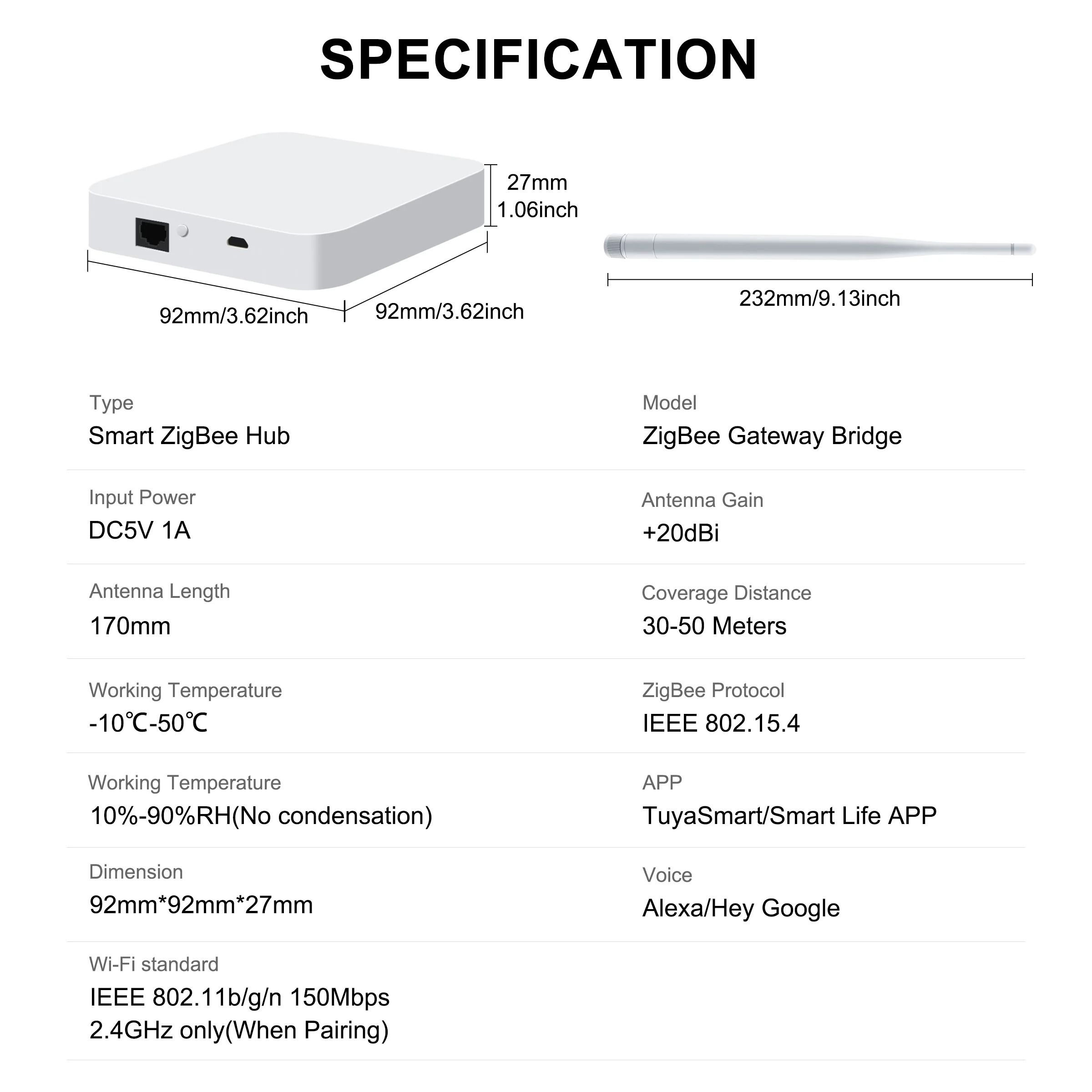 Tuya ZigBee 3.0 Gateway Hub with Antenna Smart Home Bridge Compatible with Alexa and Google Home