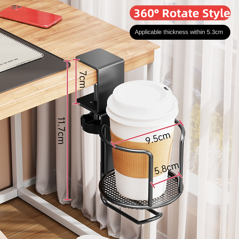 Adjustable Desk Cup Holder with Rotating Arm Clamp – No Drill, Anti-Fall Table Edge Clamp