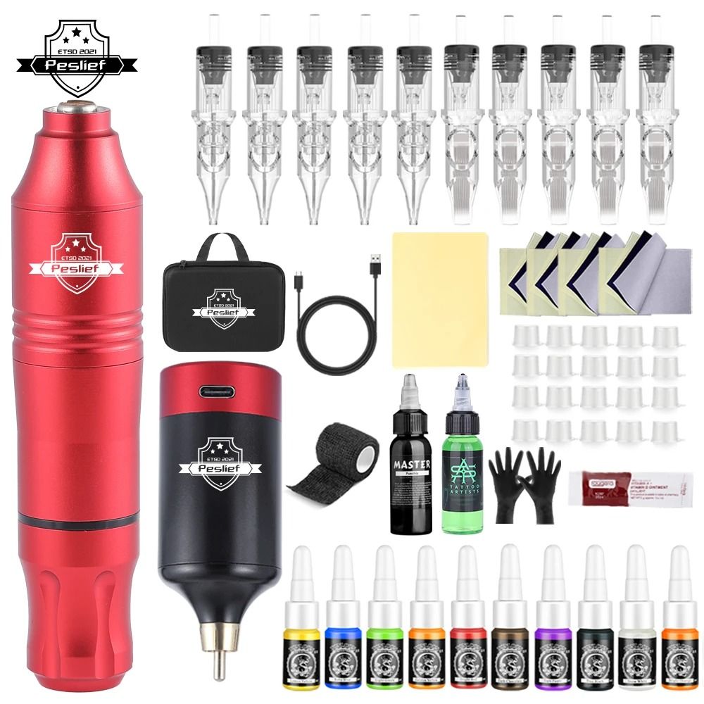 Professional Wireless Rotary Tattoo Machine Kit with 10 Cartridge Needles Complete Set
