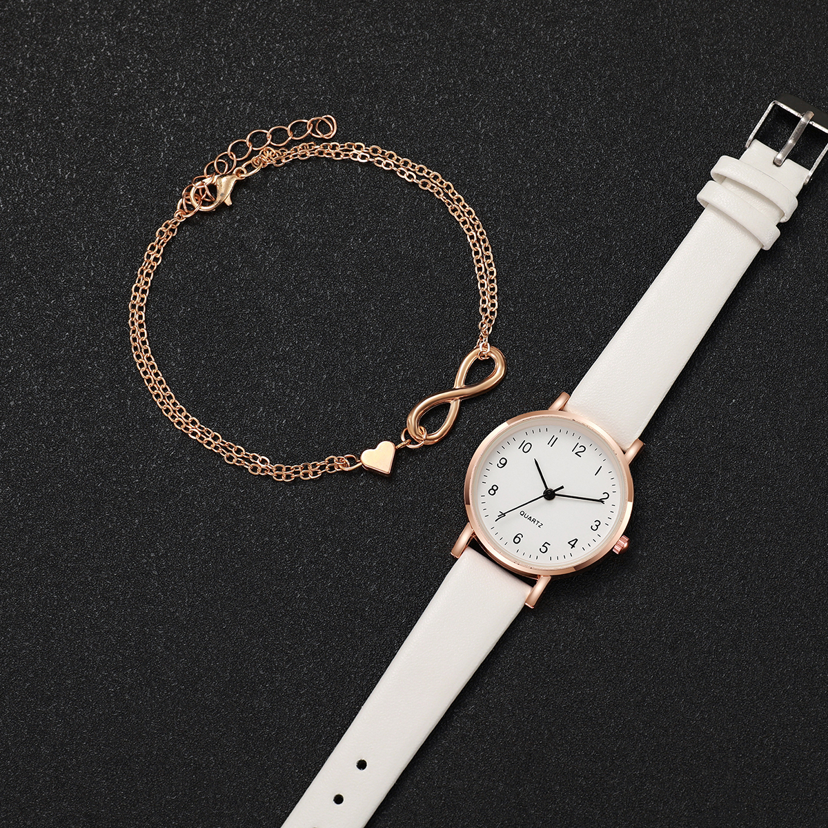 Womens Fashion Quartz Watch with Arabic Dial, Leather Band, and Gold Heart Bracelet Set