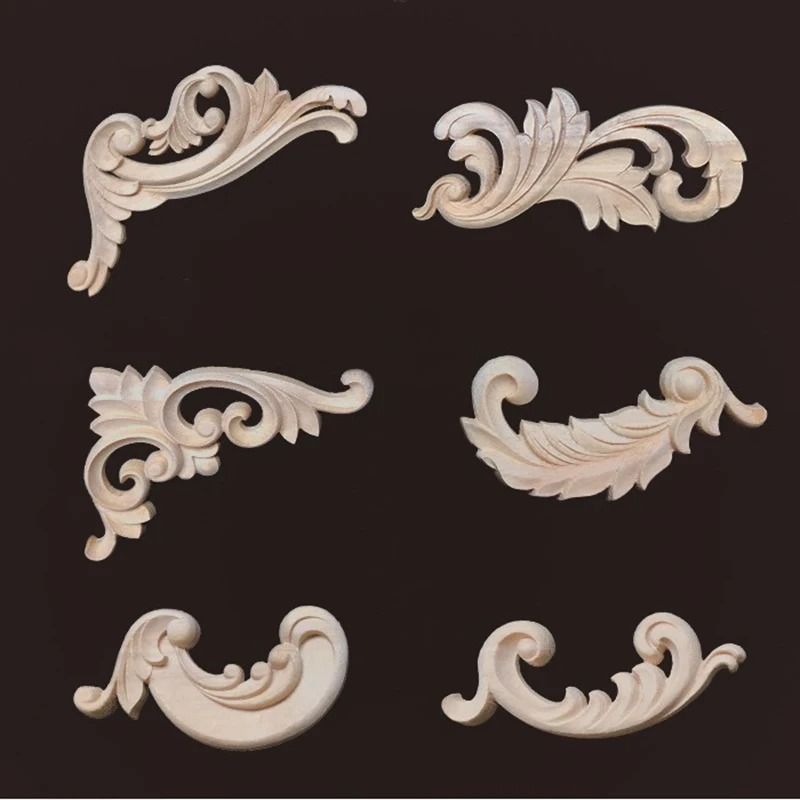 2 PCs Ornate Wood Carving Onlays | Floral Furniture Applique Decals | Architectural Wood Crafting Corner Decoration