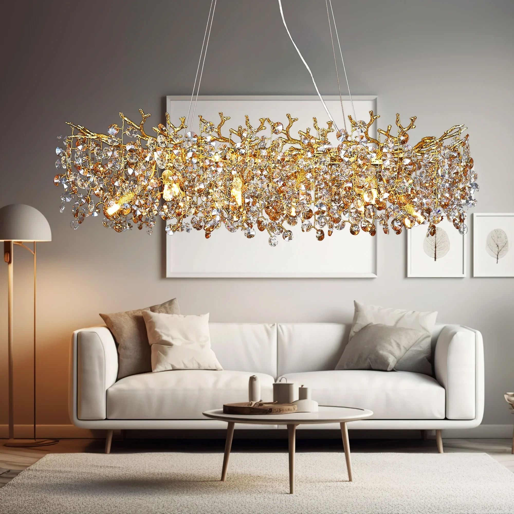 Modern Rectangle Crystal Chandelier Large Gold Branch Hanging Pendant Light for Dining Room Living Room, Nordic Luxury