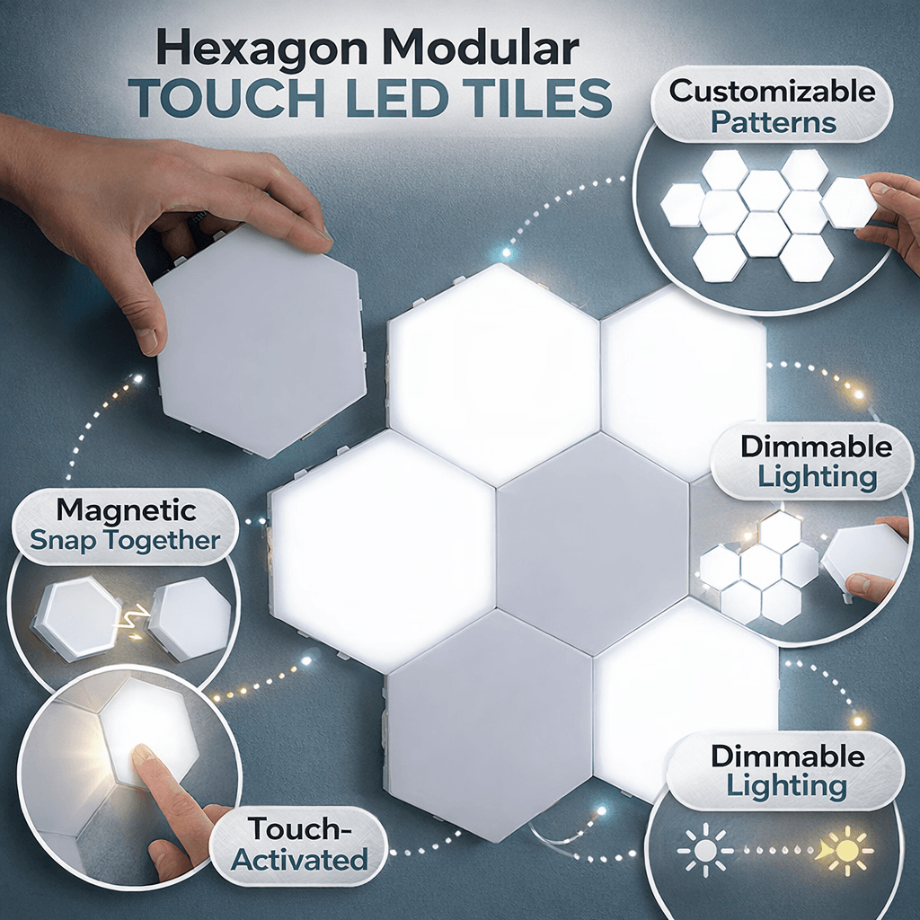 Hexagon Modular Touch LED Tile Lights, Customizable Magnetic Wall Decor (Set of 5)