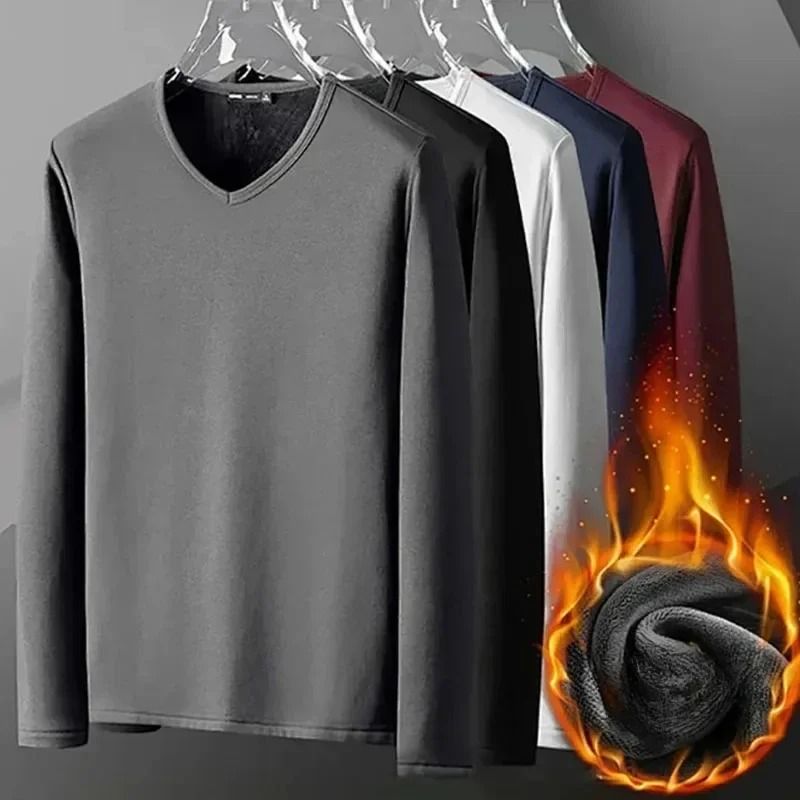 Men Plush Thermal Long Sleeve T Shirt Plus Velvet Fleece Lined Winter Base Layer Top