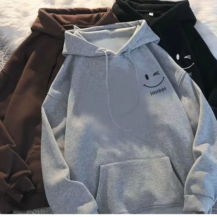 Heavyweight American Hoodie, Men's Smiling Face Pullover, Fashion Couple Thickened Cashmere Sweatshirt